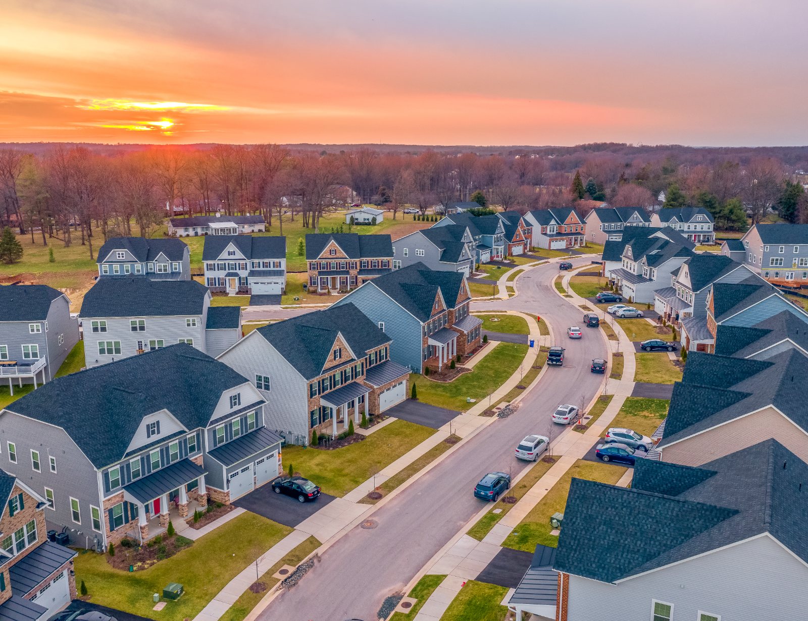 Aerial view of a new home community at sunset
