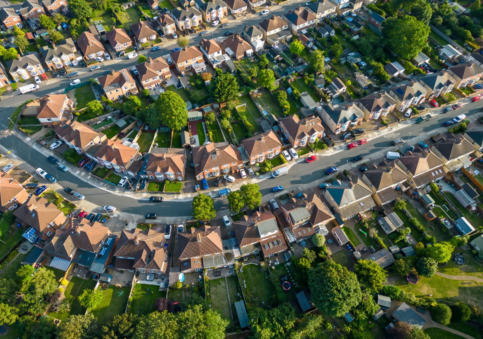 Aerial view of a residential neighborhood with homes under construction